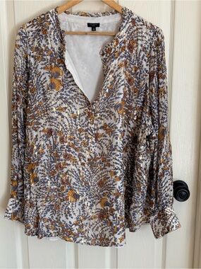 Talbots Cream Floral V-Neck Long Sleeve Blouse with Mustard & Brown Accents